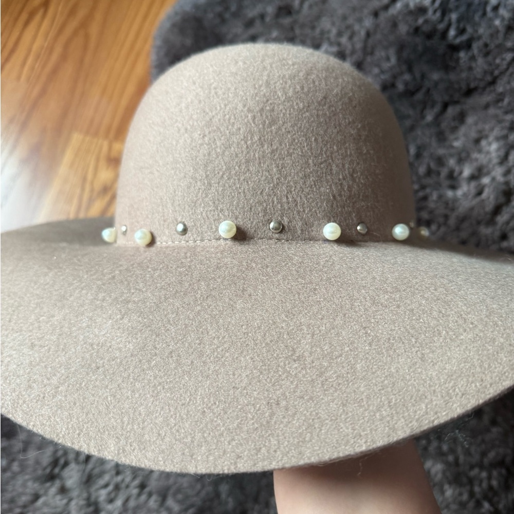 Vince Camuto Tan Hat with Pearl Embellishments